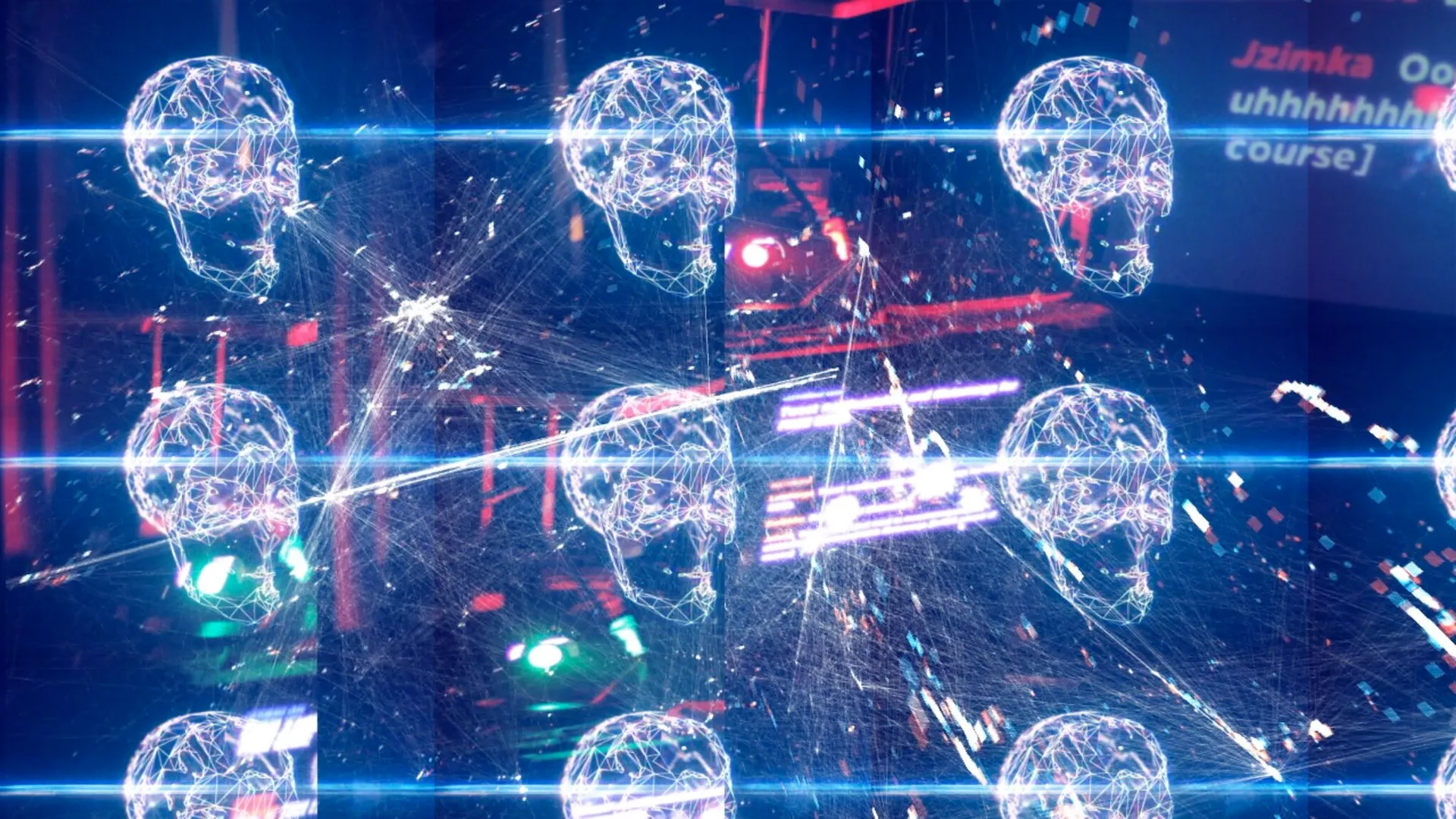 Grid of skull-shaped 3d models among a chaotic particle system